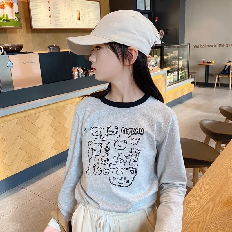 女童t恤长袖秋装2025新款洋气儿童打底衫春秋款女孩卡通上衣拼色