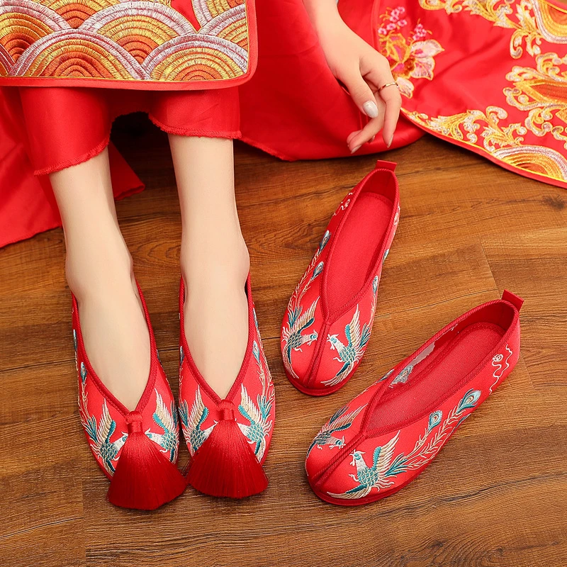 秀禾鞋婚鞋中式平底结婚鞋女士红色新娘鞋布鞋复绣花布汉服绣花鞋
