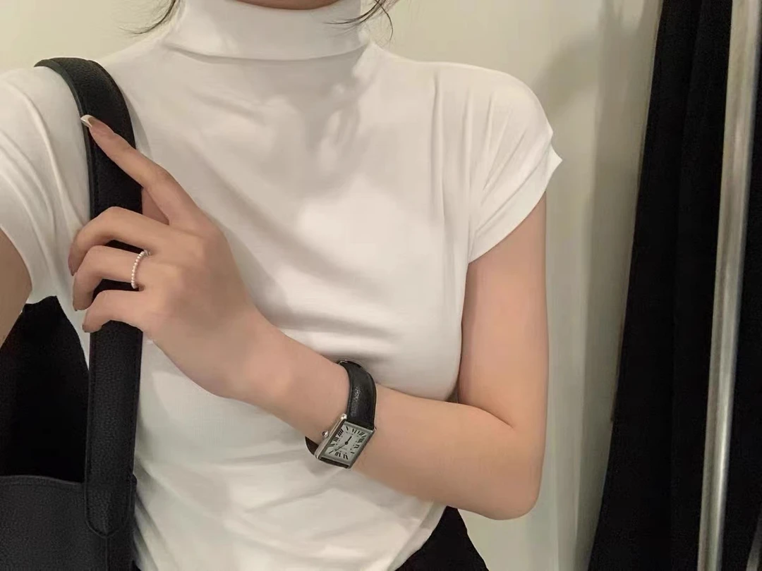 【颖儿jia】在这里下单黑色半高领恤简约气质打底衫短袖