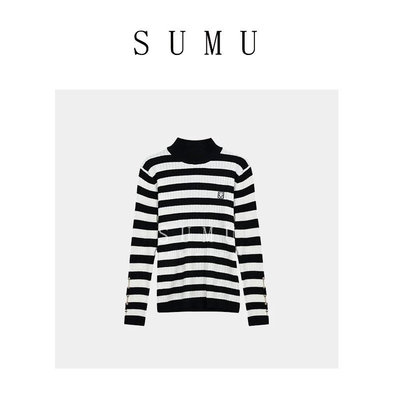 宿慕 SUMU 11-20秋季2023新款打底上衣潮流条纹笑脸针织衫23505