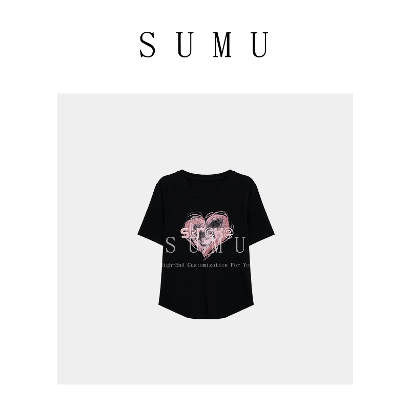 宿慕女装爱心圆领上衣春夏2024新款气质百搭印花短袖T恤19573