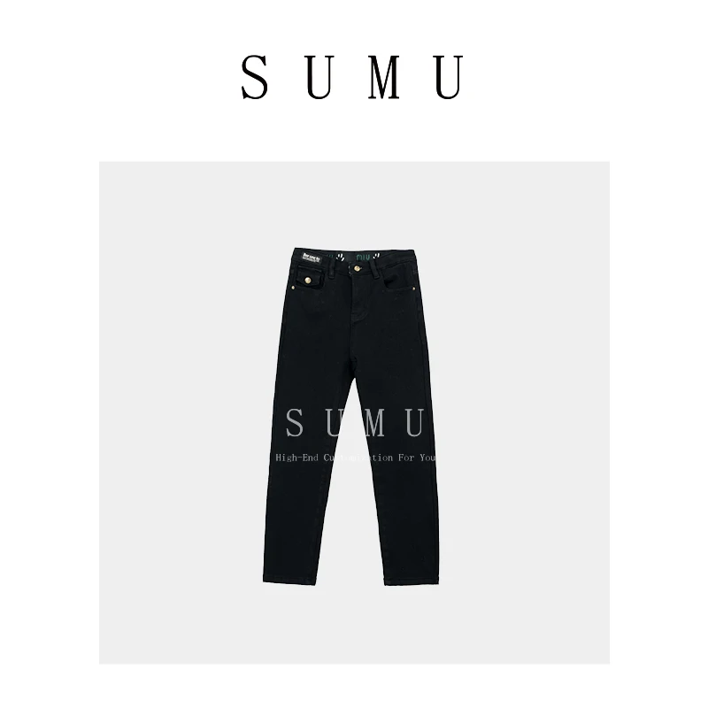 宿慕SUMU 女款加绒烟管牛仔裤 11-23 冬季2023 新款黑色简约35285