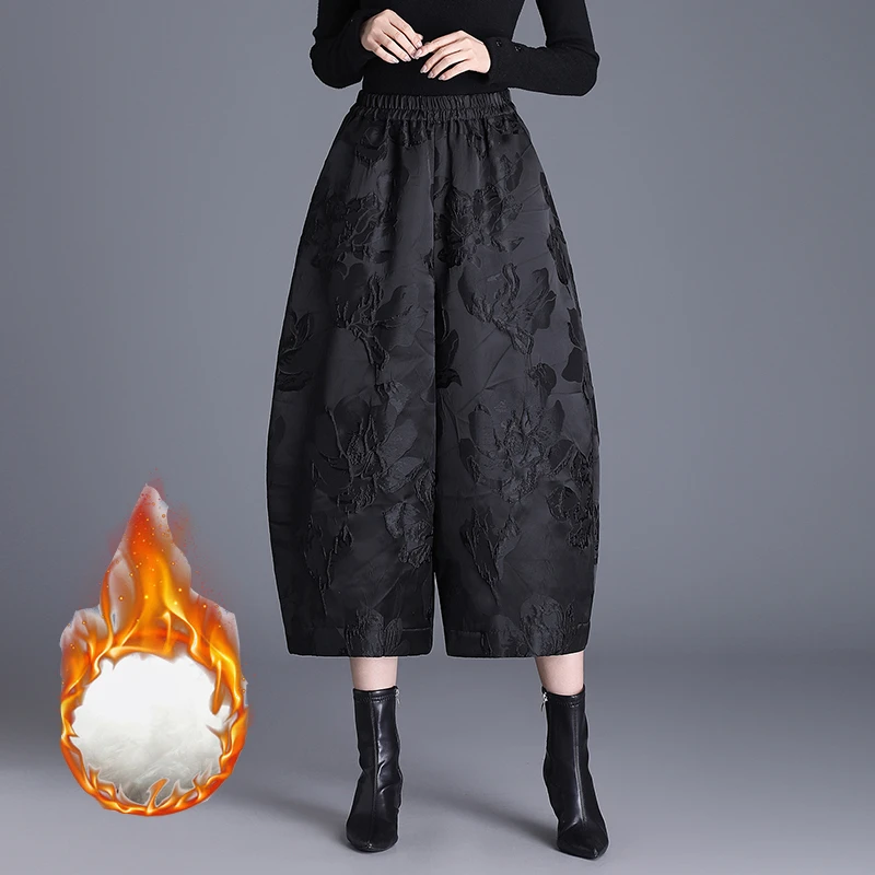 遮腿秋冬提花花朵图案夹棉阔腿裤女高腰中年妈妈显瘦九分时尚靴裤