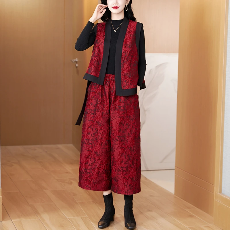 新中式国风马甲阔腿裤套装女中国风时尚妈妈喜事平日穿搭两件套