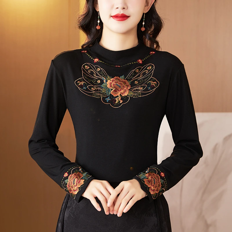 复古中式国风保暖刺绣加绒打底衬衫女秋冬新款高级感小众别致上衣