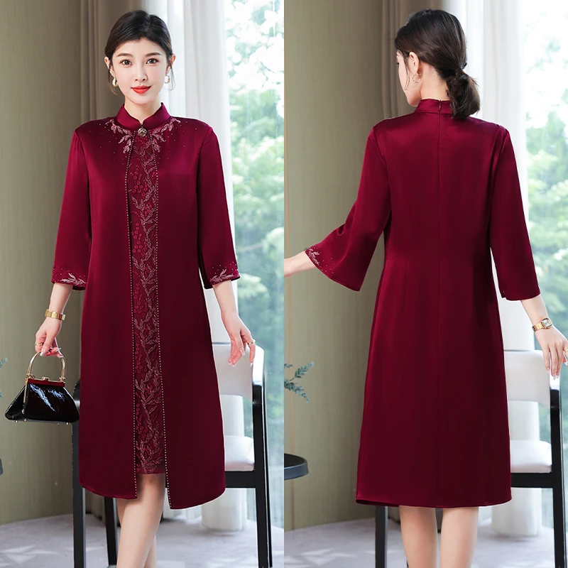 喜婆婆婚宴装红色旗袍连衣裙秋季中年妈妈参加婚礼服高贵气质洋气