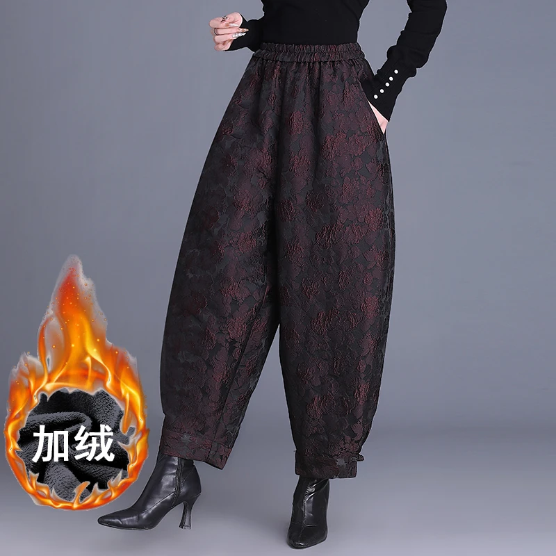 松紧腰浮雕提花加绒哈伦裤女秋冬新款安哥拉红大码休闲九分小脚裤