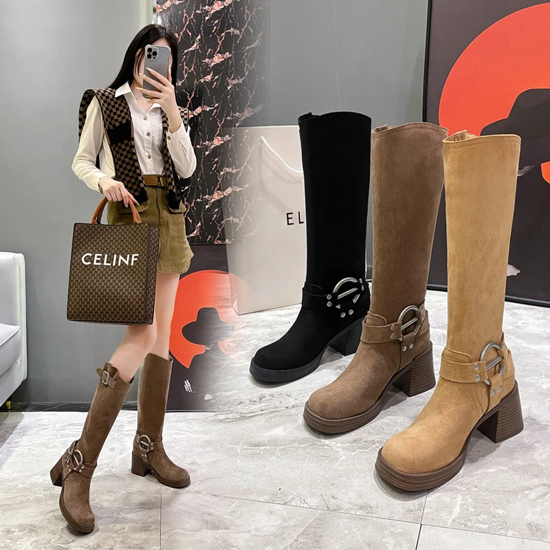 新款机车靴骑士靴废土棕色女长靴绒面金属扣西部牛仔靴7cm高跟