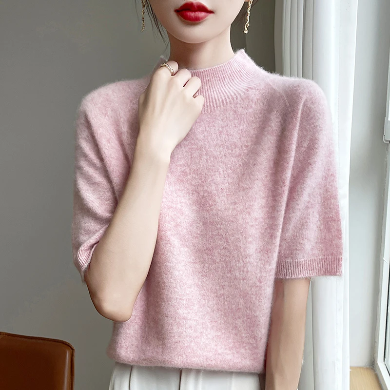 经典优雅半高领中袖打底针织衫女一线成衣五分袖毛衣2024新款上衣