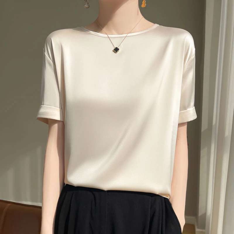 高级感夏季百搭t恤短袖宽松时尚气质缎面打底内搭西装女上衣纯色