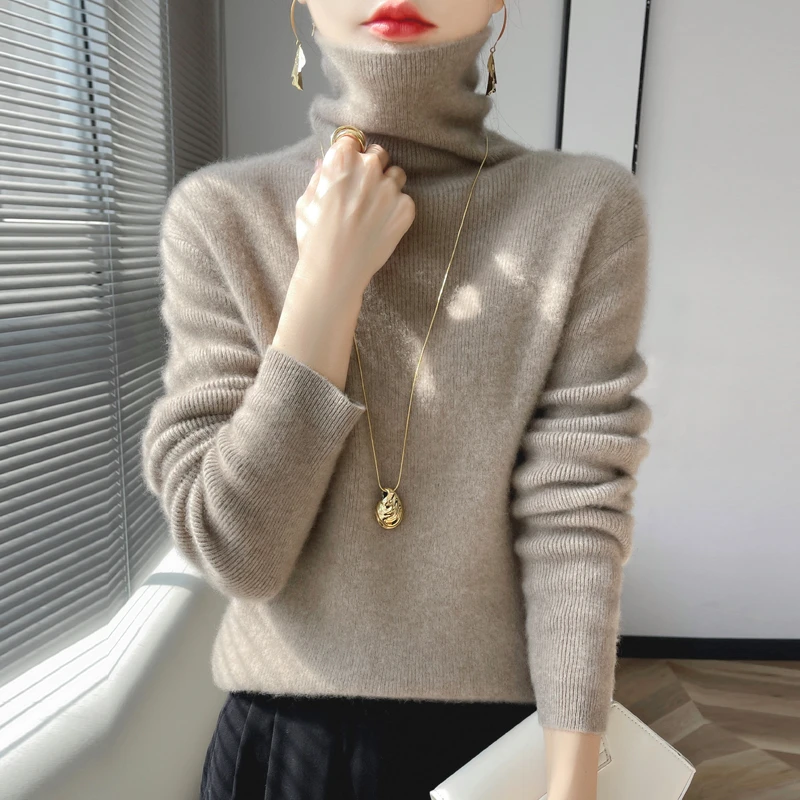 堆堆领针织衫女秋冬新款高领纯色套头内搭修身显瘦打底长袖针织衫