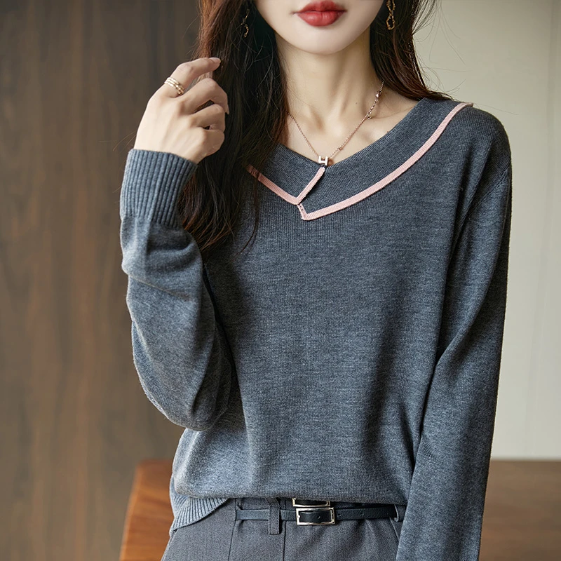 交叠翻领针织打底衫女2024新款法式娃娃领减龄套头长袖保暖薄毛衣