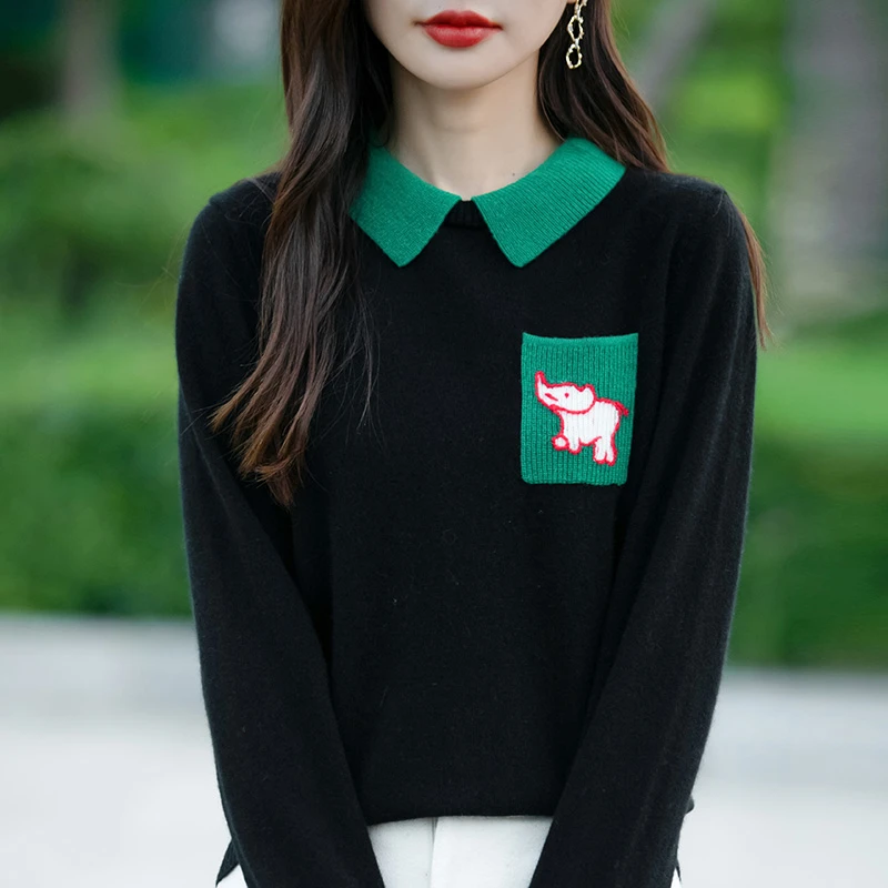 减龄娃娃领针织衫女拼色宽松休闲上衣秋冬时尚翻领内搭毛衣