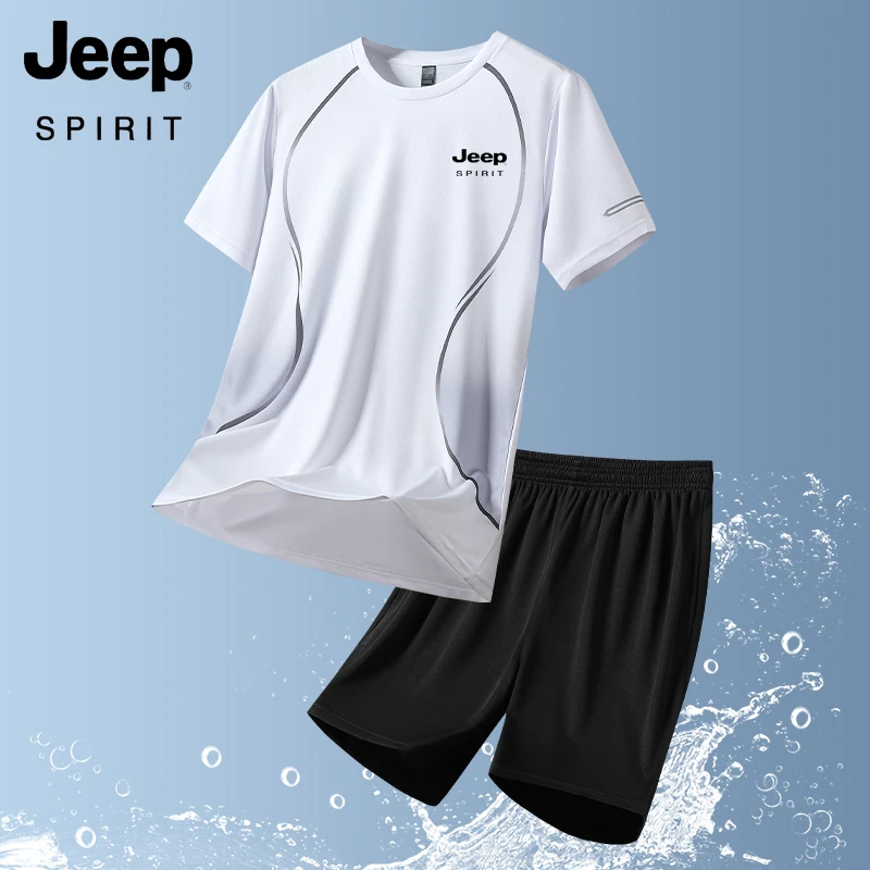 JEEPSPIRIT男女同款运动套装春夏季宽松透气速干短袖短裤休闲装