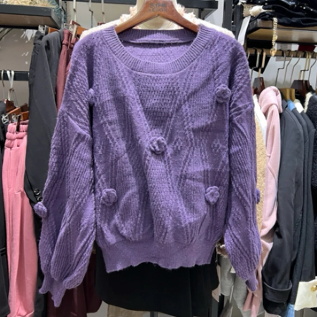 秋冬低圆领休闲打底衫针织花朵毛衣宽松百搭