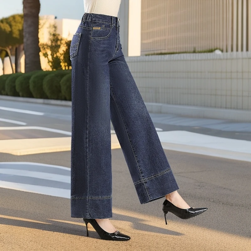 加绒加厚妈妈牛仔裤女秋冬高腰时尚大码阔腿裤中年垂感宽松直筒裤