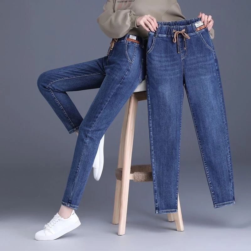 松紧腰2025新款哈伦裤牛仔裤女春秋冬新款高腰显瘦宽松大码老爹裤