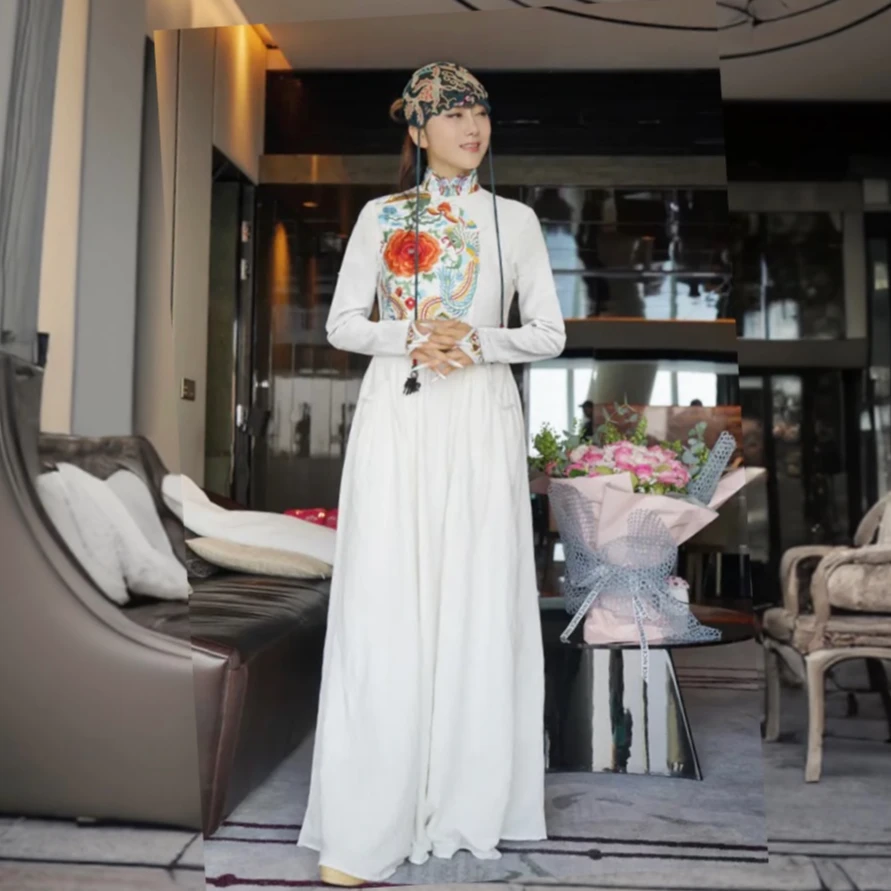 杨丽萍衣橱-镜花优雅高端气质精美刺绣长款连衣裙