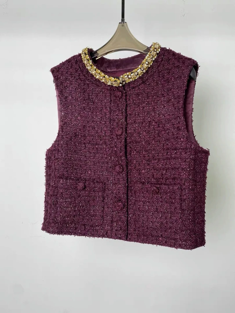 2024秋季新款时尚百搭气质重工拼接圆领串珠无袖马甲