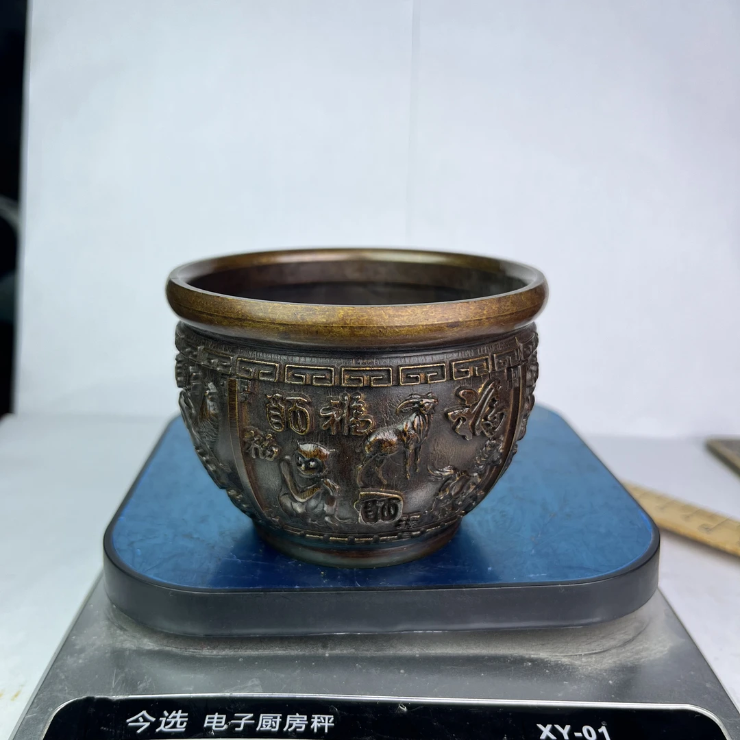 苏工纯铜十二生肖福缸做工精细造型艺术寓意美好铜摆件设计两用