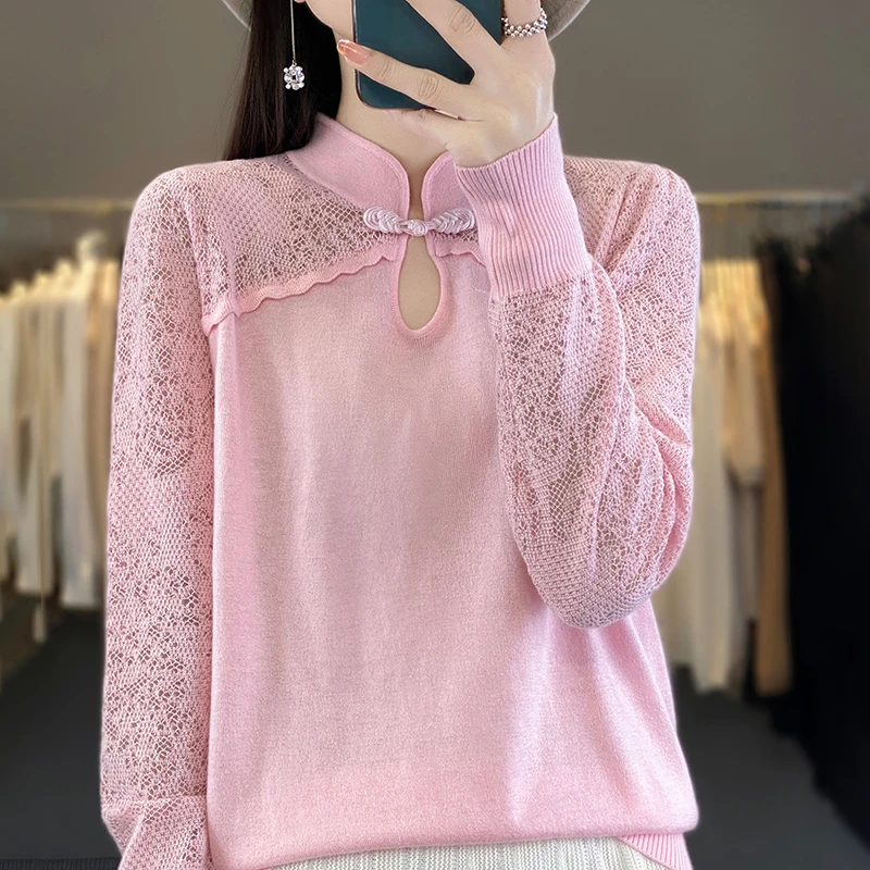 新春中式国风立领盘扣气质长袖针织衫蕾丝镂空拼接上衣针织衫