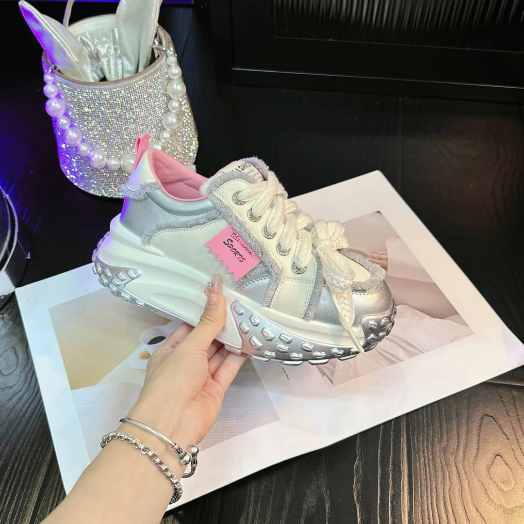 【现货】增高6cm  2024春新款厚底透气ins休闲软底运动百搭女鞋9172