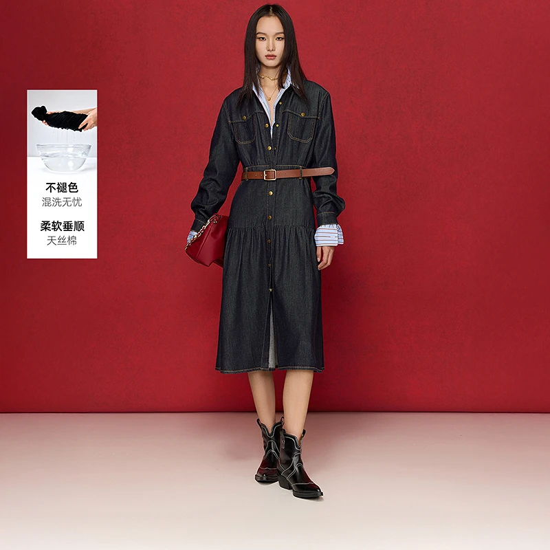 【不褪色牛仔】LILY25春新款天丝棉复古丹宁女装连衣裙125109G7933