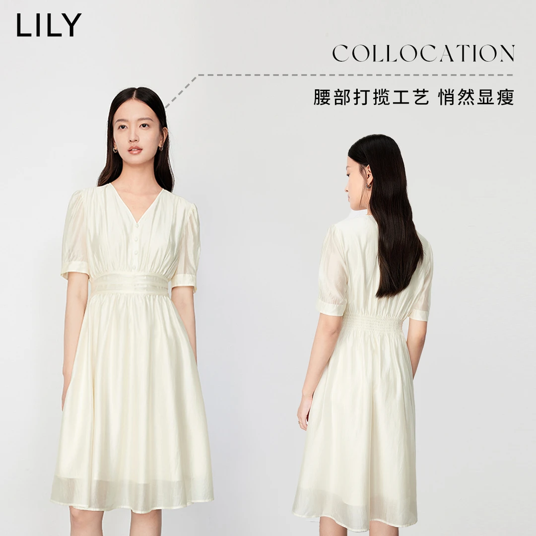 LILY新款千金风法式纯色长裙气质收腰百搭女装连衣裙123309C7937