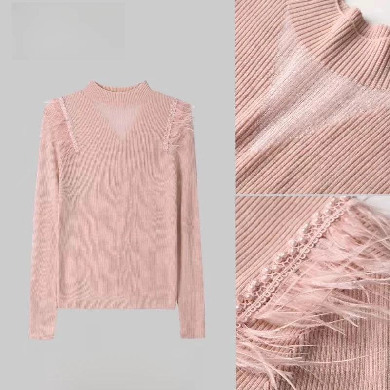 女装秋款爆款2024新款网红蕾丝时尚百搭气质长袖流苏珍珠圆领上衣