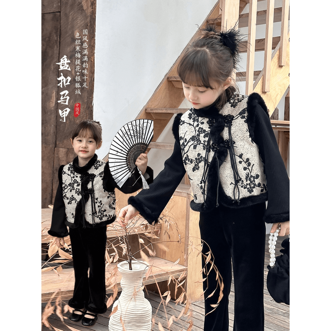 【加绒】女童中国风盘扣改良旗袍背心提花棉马甲坎肩