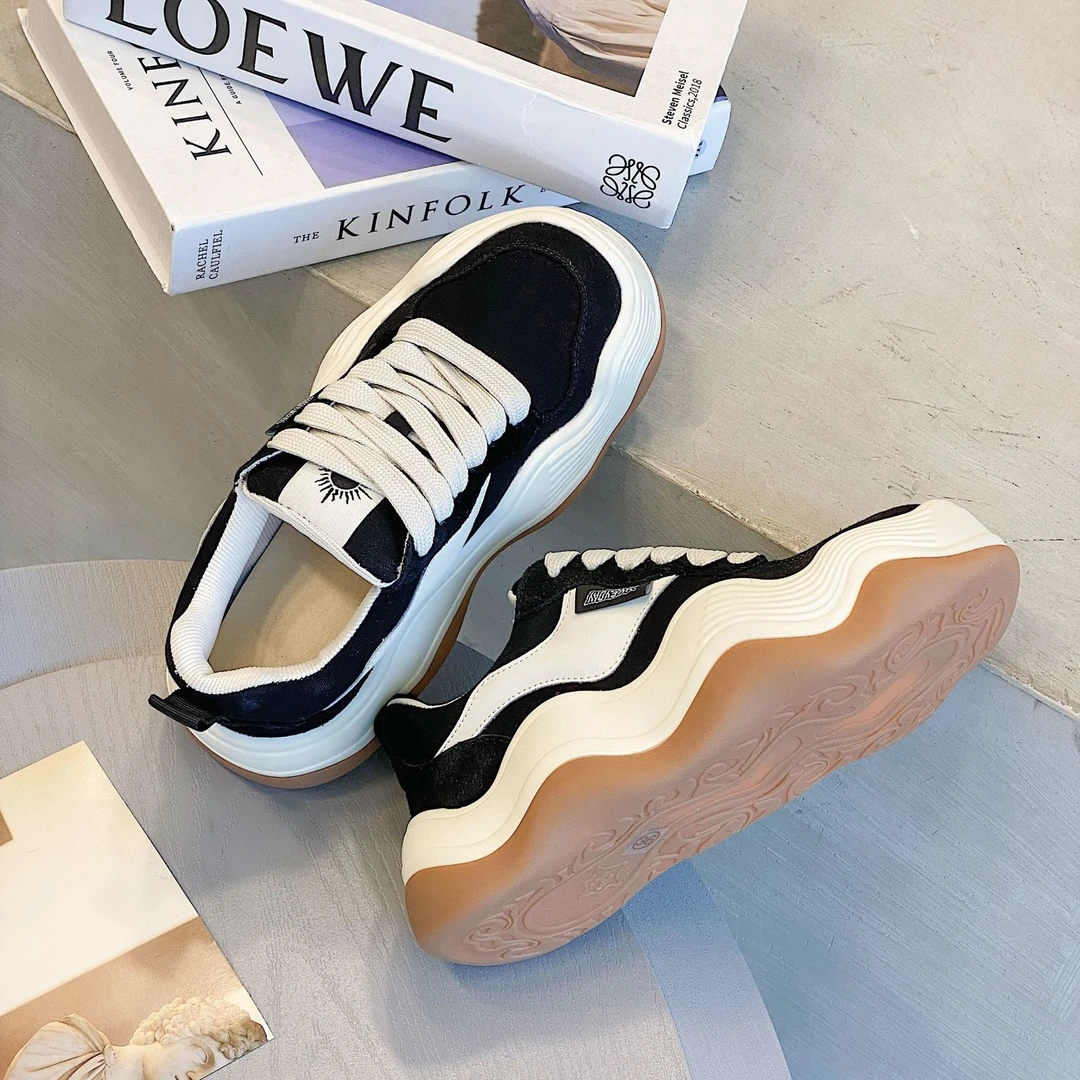 桑稚同款波浪鞋厚底檀健次松糕cs增高帆布鞋女拼色情侣面包运动鞋