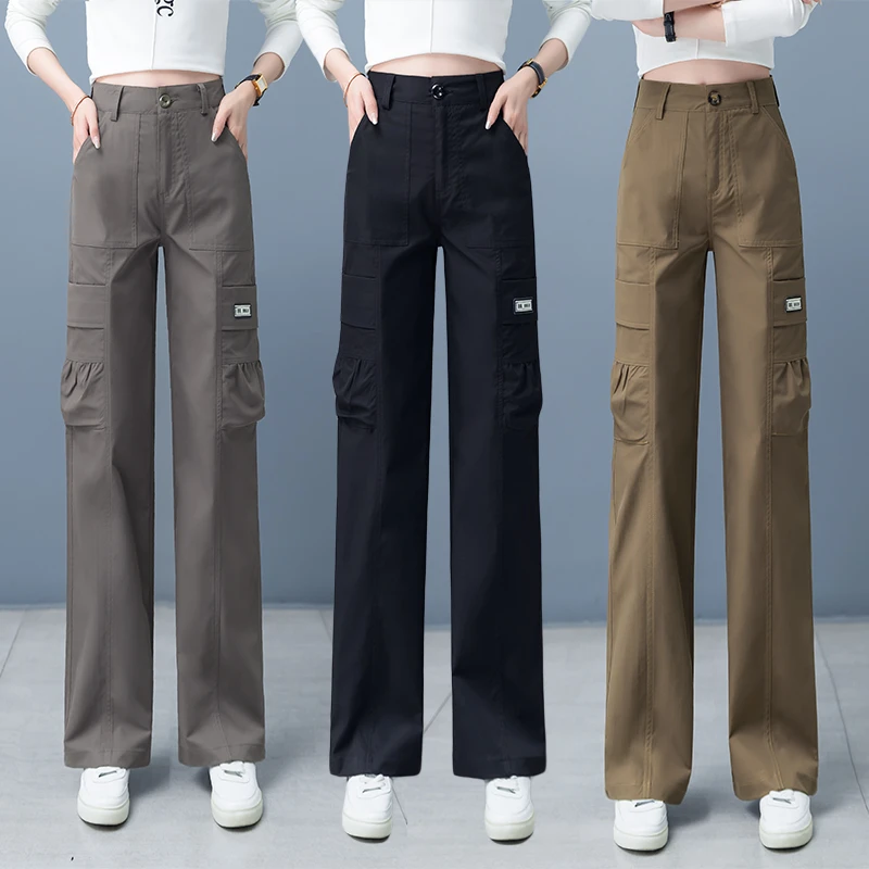 美式工装裤女上班夏季新款宽松直筒小个子阔腿裤休闲黑色运动裤子