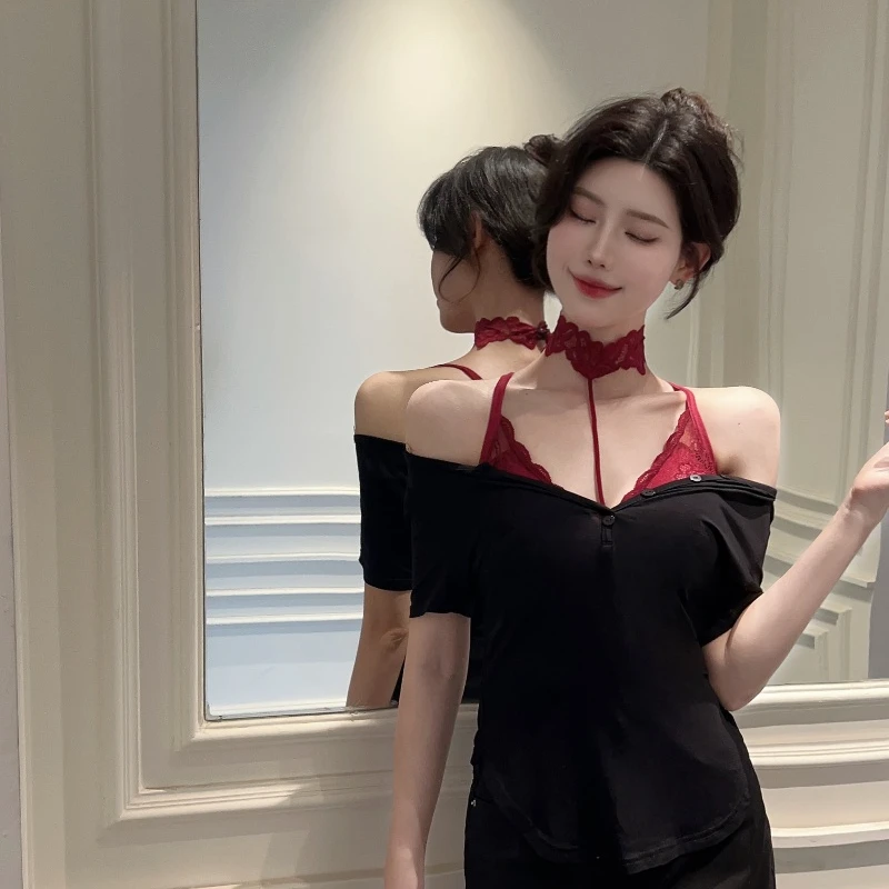 夏季纯欲辣妹风胖MM大码微胖显瘦火辣性感蕾丝拼V领T恤两件套女