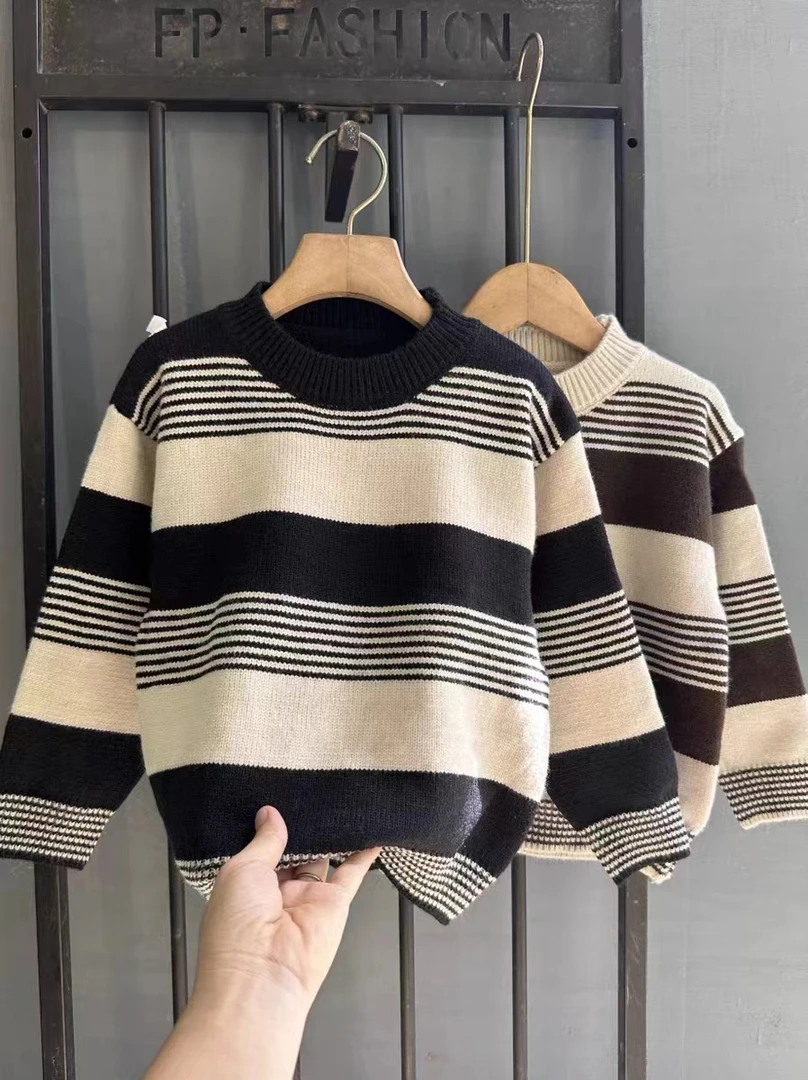男童毛衣2024秋冬加厚保暖宝宝针织衫条纹中大童套头时尚打底衫潮