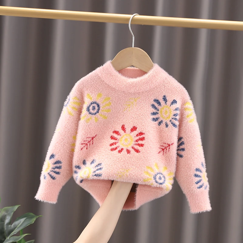 女童儿童加厚防貂绒2025秋冬新款女孩针织套头打底衫小童公主洋气