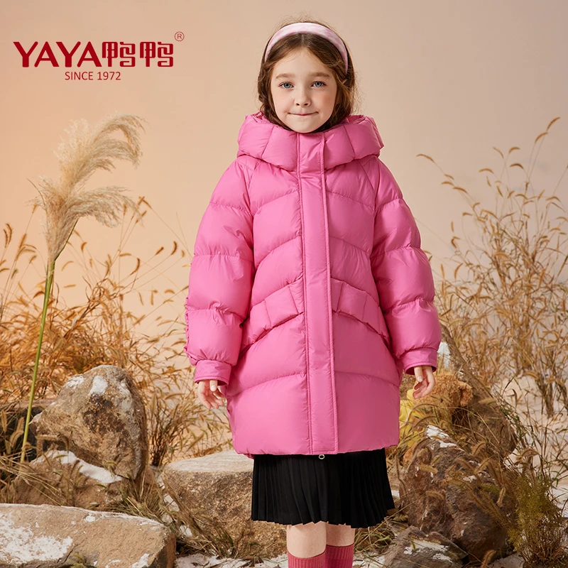 YAYA/鸭鸭2023新款加厚中长款冬季连帽时尚拼接儿童羽绒休闲2219