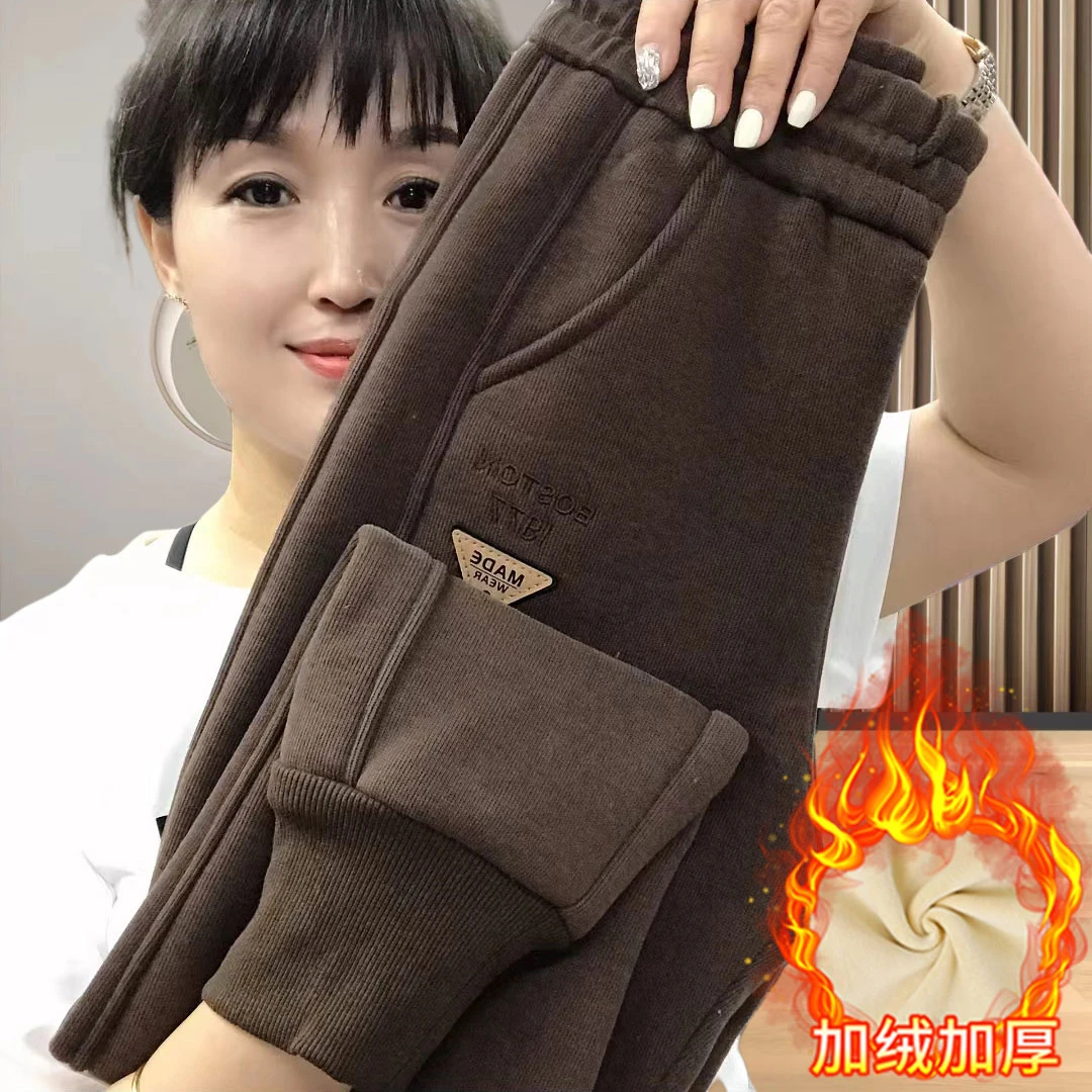 加绒加厚超柔内里哈伦裤贴标拼接刺绣显瘦百搭2024冬季新款卫裤女