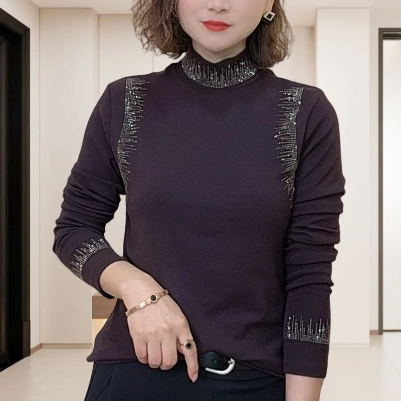 保暖烫钻德绒显瘦气质半高领2025年秋冬休闲百搭长袖修身打底衫女