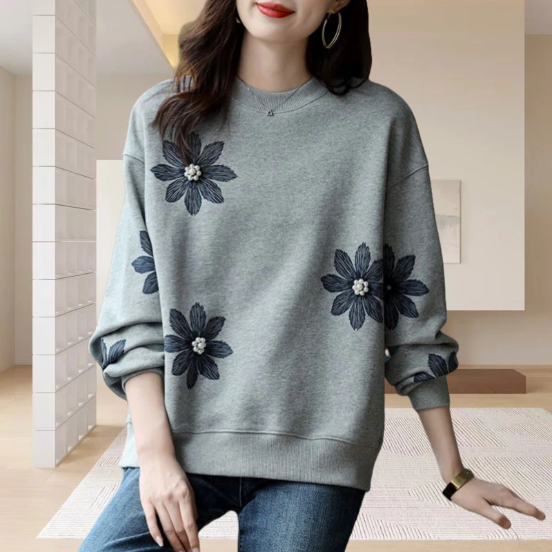 2025秋冬新款华棉印花钉珠卫衣百搭宽松休闲时尚气质上衣潮6611#