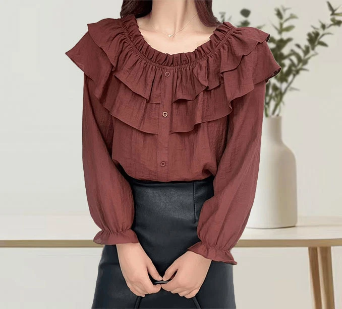 时尚气质荷叶边褶皱长袖2025秋季新款百搭显瘦减龄衬衫上衣6660#