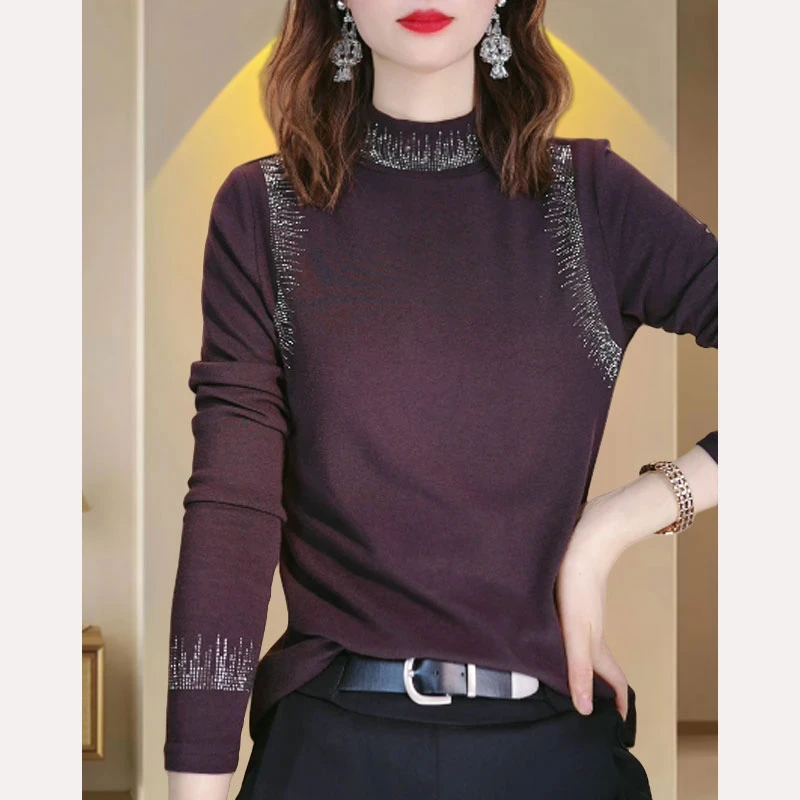 2025秋冬新款双面德绒半高领纯色设计感烫钻休闲长袖打底衫女内搭