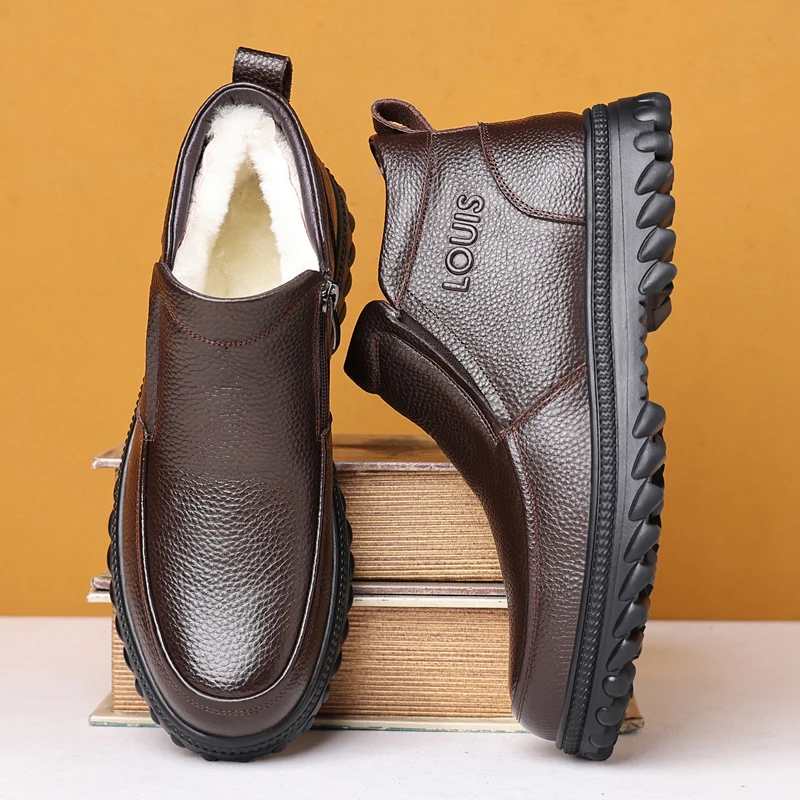 弘圣头层牛皮棉皮鞋男冬季羊毛保暖高帮中老年加绒爸爸鞋真皮棉鞋