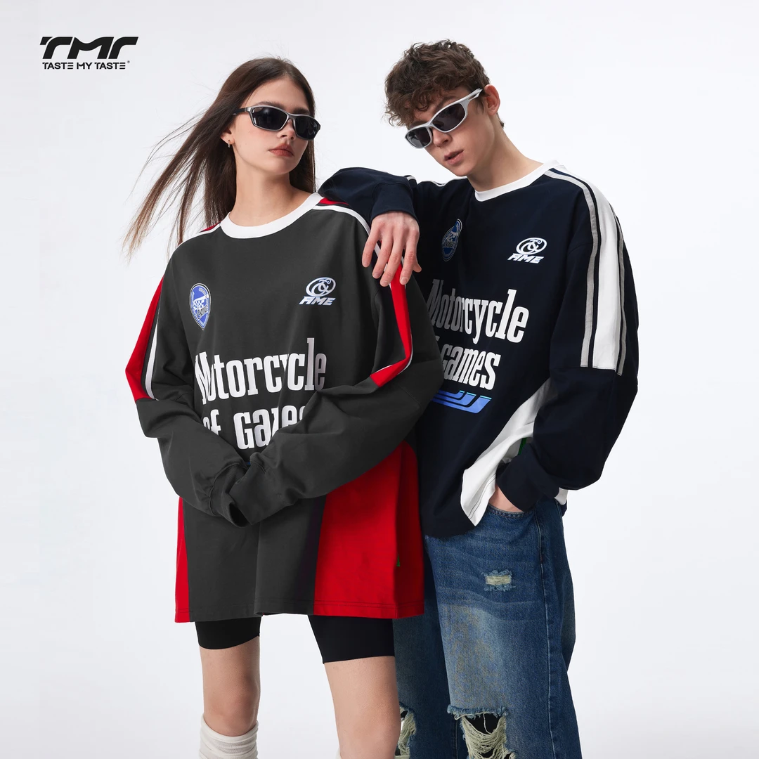 TastemyTaste国潮美式复古拼接长袖T恤运动宽松百搭情侣上衣