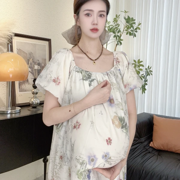 Zoey孕妇装夏季［花仙子］一字肩短袖可哺乳孕妇气质甜美长款连衣裙