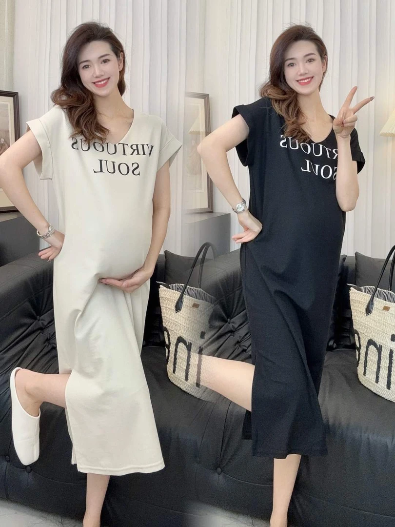 Zoey孕妇装夏季新款街拍休闲宽松v领大版孕妇T恤连衣裙