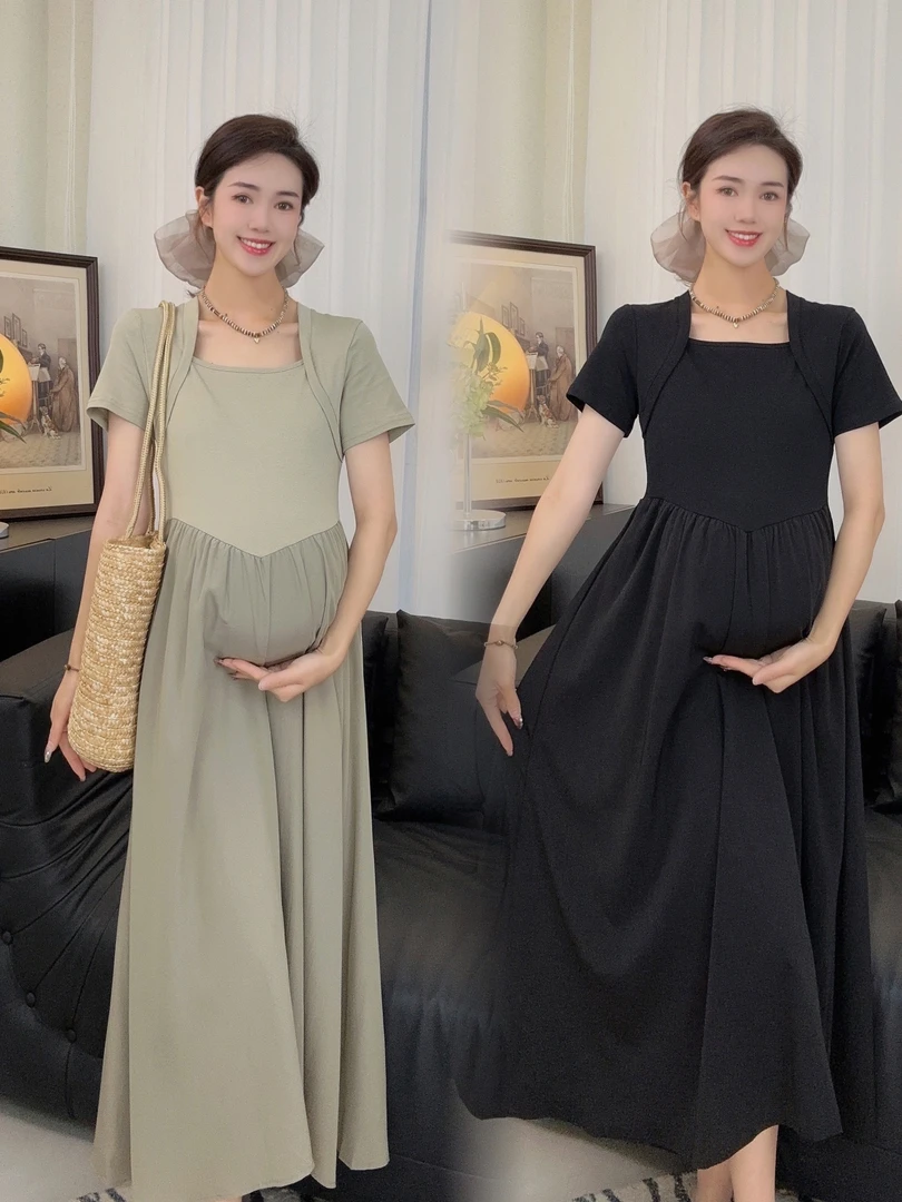 Zoey孕妇装夏季新款法式气质方领显瘦宽松长款透气孕妈妈连衣裙