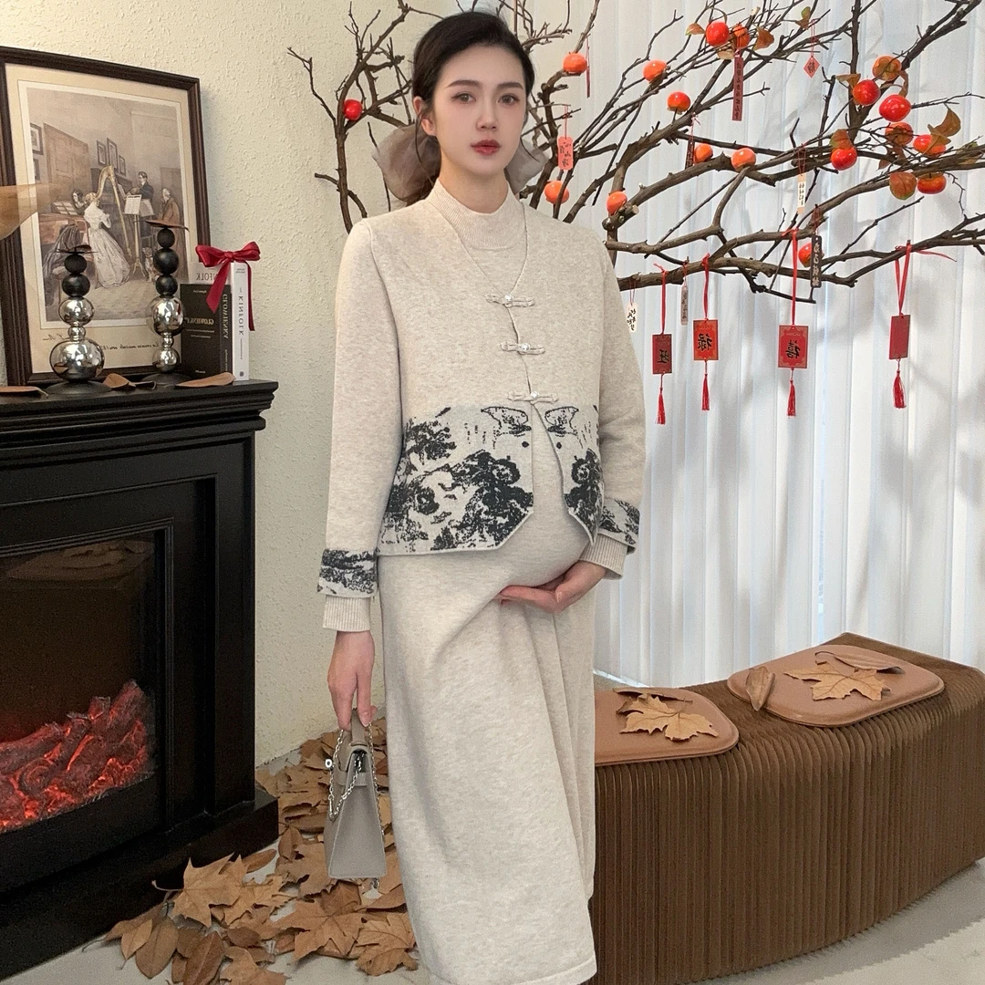 Zoey孕妇装早春新款［人世间］国风新中式孕妈妈精致连衣裙两件套
