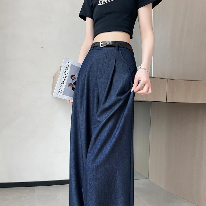 天丝软牛仔裤女夏季薄款深蓝色冰丝阔腿裤高腰垂感直筒宽松拖地裤