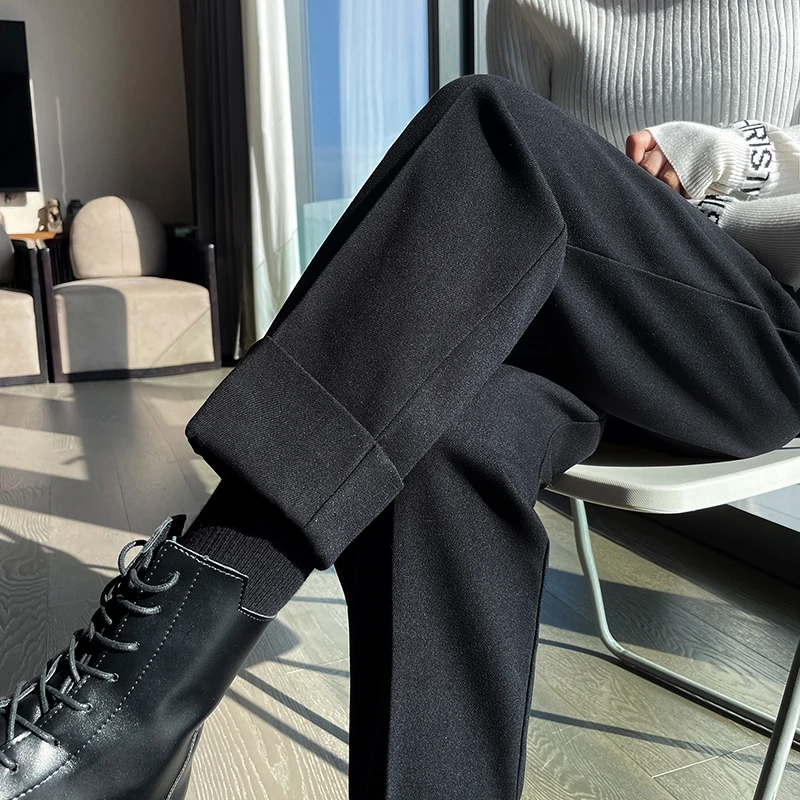 毛呢哈伦裤女2023秋冬新款烟管直筒百搭加绒西装裤九分宽松休闲裤