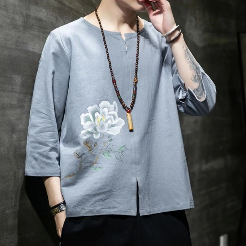 24C12D1新中式棉麻半袖T恤中国风刺绣上衣夏季复古风唐装汉服体恤